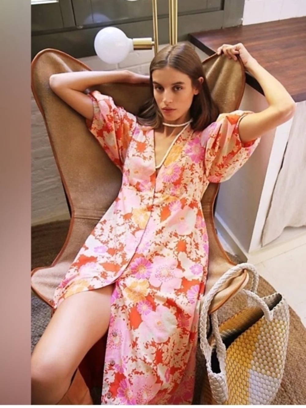 FREE PEOPLE Lydia Midi Floral Dress Orange Pink size S